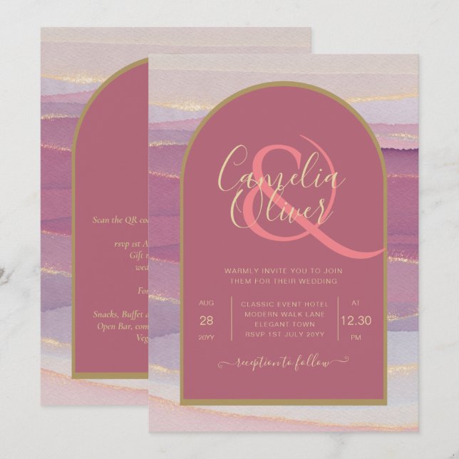 LeahG Dusty Rose Lavender Gold Wedding Invite (Front/Back)