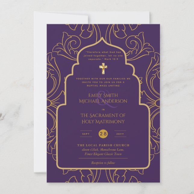 LeahG Elegant Purple Gold Catholic Wedding Invitation (Front)