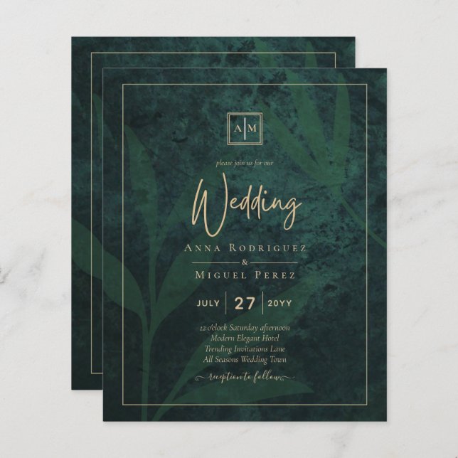LeahG Emerald Forest Green Gold Wedding Invite (Front/Back)