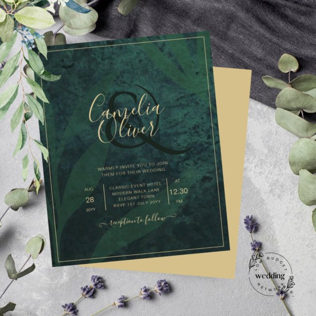 LeahG Emerald Forest Green Gold Wedding Invite (Creator Uploaded)