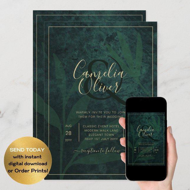 LeahG Emerald Forest Green Gold Wedding Invite (Creator Uploaded)