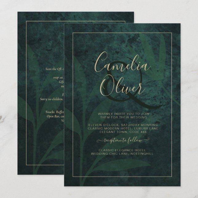 LeahG Emerald Forest Green Gold Wedding Invite (Front/Back)