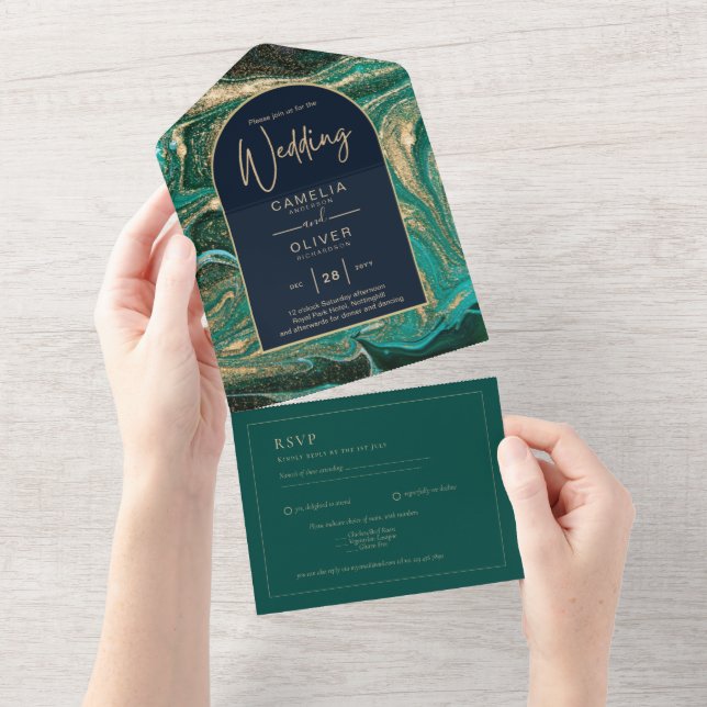 LeahG Emerald Green Gold Agate Wedding Invite (Tearaway)