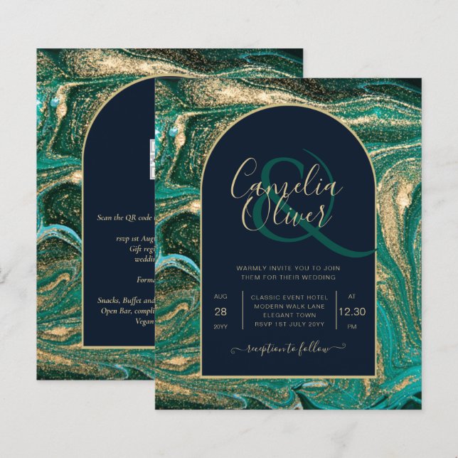 LeahG Emerald Green Gold Agate Wedding Invite (Front/Back)