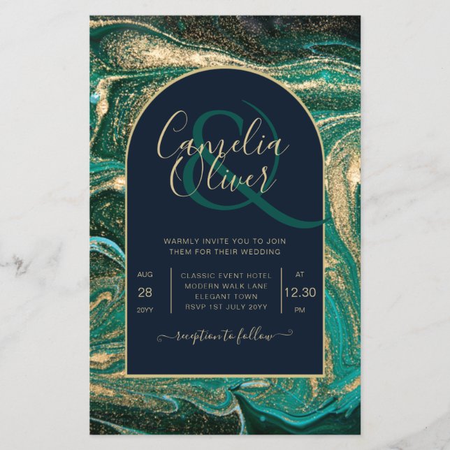 LeahG Emerald Green Gold Agate Wedding Invite Flyer (Front)