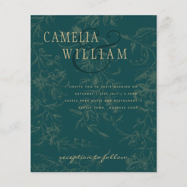 LeahG Emerald Green Gold Vintage Botanical Wedding Flyer (Front)