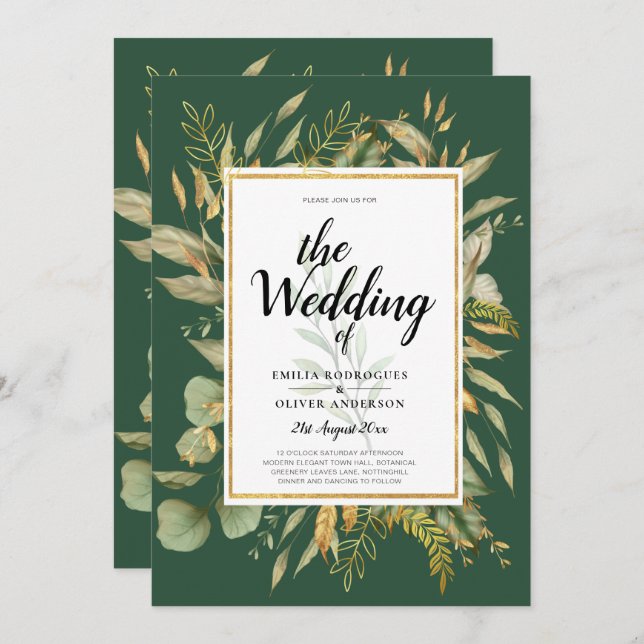 LeahG Emerald Green Greenery Wedding Invite (Front/Back)