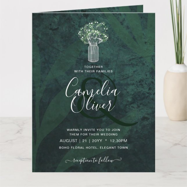 LeahG Emerald Green Gypsophila Mason Jar Wedding Card (Front)
