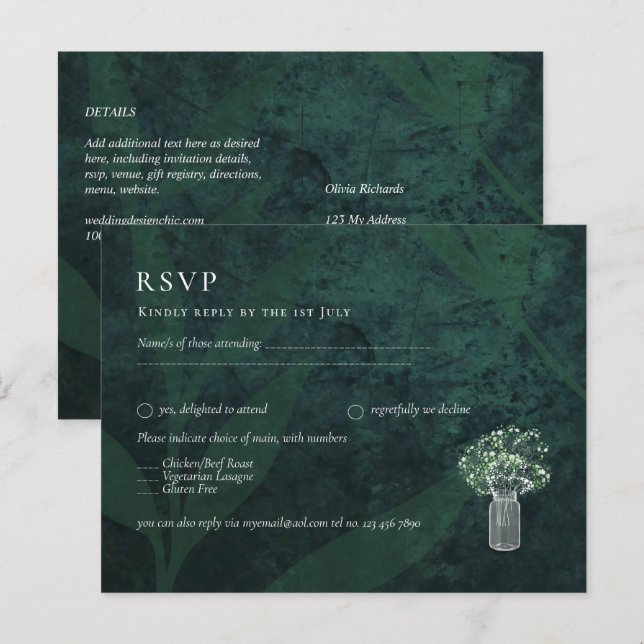 LeahG Emerald Green Gypsophila Mason Jar Wedding Postcard (Front/Back)