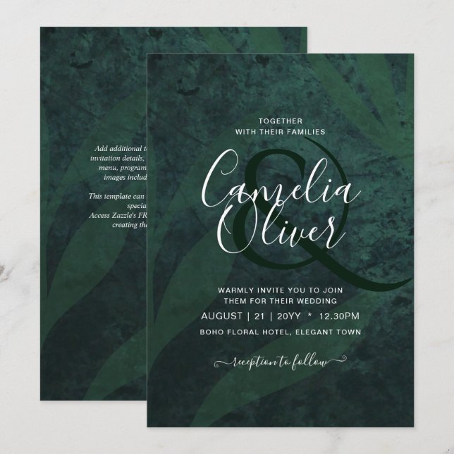 LeahG Emerald Green White Leaves Wedding Invite (Front/Back)