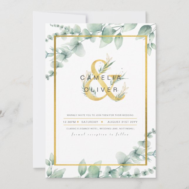 LeahG Eucalyptus Greenery Gold WEDDING QR CODE Inv Invitation (Front)