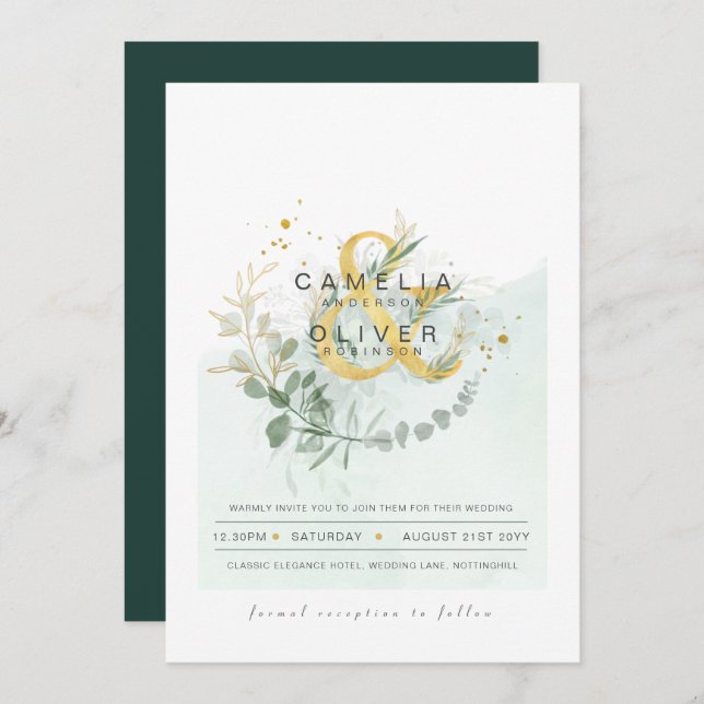 LeahG Eucalyptus Greenery Gold Wedding QR CODE INV Invitation (Front/Back)