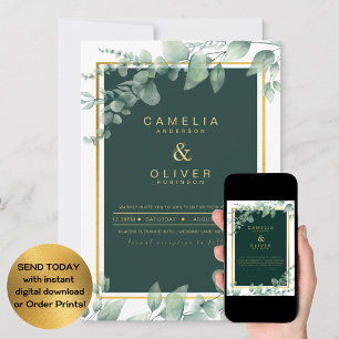 LeahG Eucalyptus Greenery Gold WEDDING QR CODE Inv Invitation