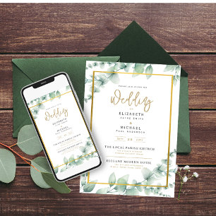 LeahG Eucalyptus Greenery Gold WEDDING QR CODE Inv Invitation