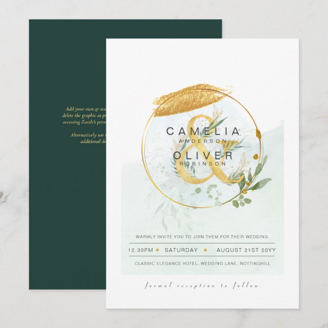 LeahG Eucalyptus Greenery Gold Wedding QR CODE INV Invitation (Front/Back)