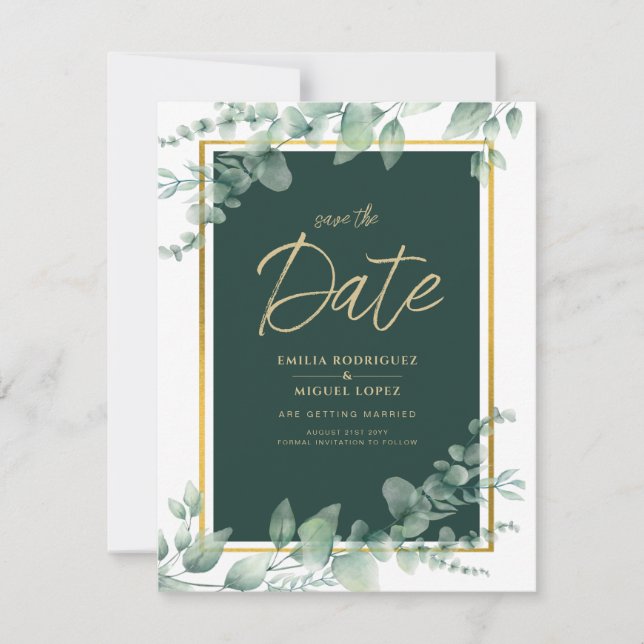 LeahG Eucalyptus Greenery Gold WEDDING QR CODE Invitation (Front)