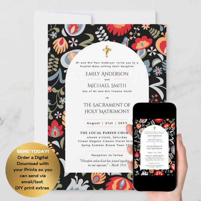 LeahG Floral Folk Catholic Wedding Nuptial Mass Invitation (Creator Uploaded)