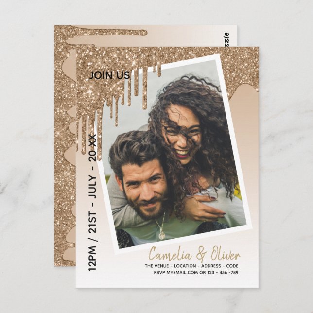 LeahG Glitter Drips Photo Overlay Wedding Invite Postcard (Front/Back)