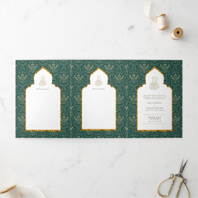 LeahG Green Gold Islamic Muslim Wedding Invites  (Outside)