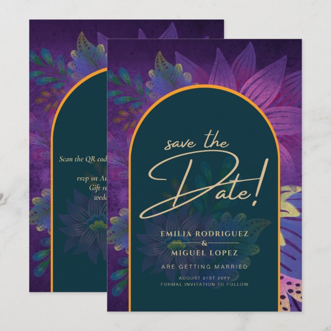 LeahG Green Purple Gold JEWEL TONES Wedding INVITE (Front/Back)