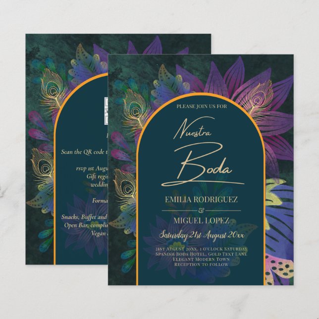 LeahG Green Purple Gold JEWEL TONES Wedding INVITE (Front/Back)
