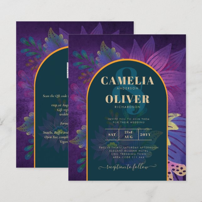 LeahG Green Purple Gold JEWEL TONES Wedding INVITE (Front/Back)