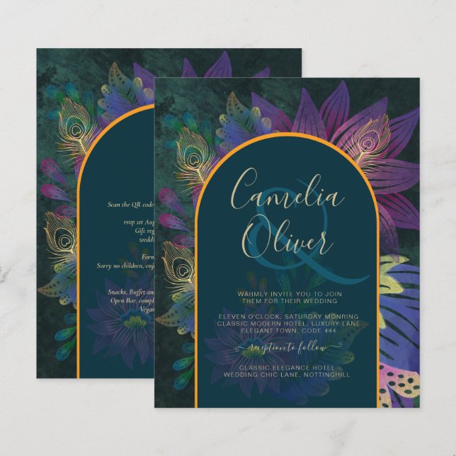 LeahG Green Purple Gold JEWEL TONES Wedding INVITE (Front/Back)