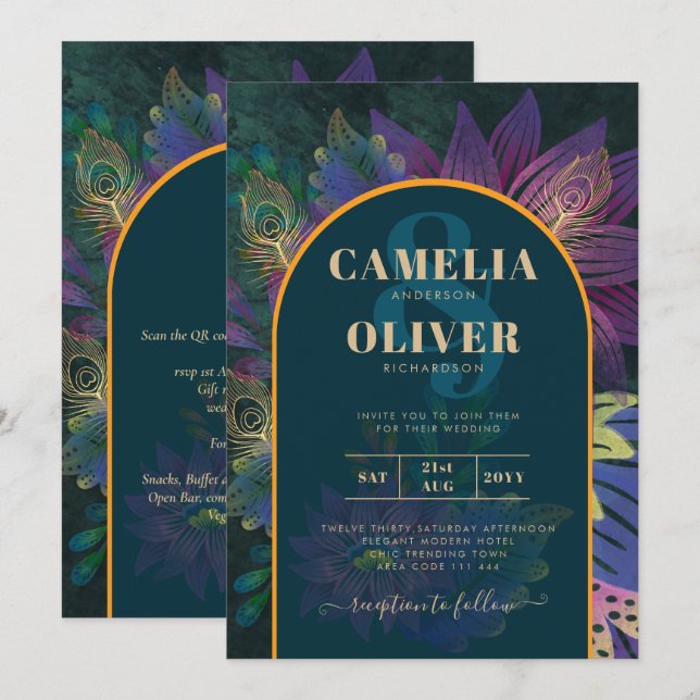 LeahG Green Purple Gold JEWEL TONES Wedding INVITE (Front/Back)
