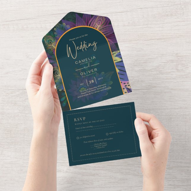 LeahG Green Purple Gold JEWEL TONES Wedding INVITE (Tearaway)