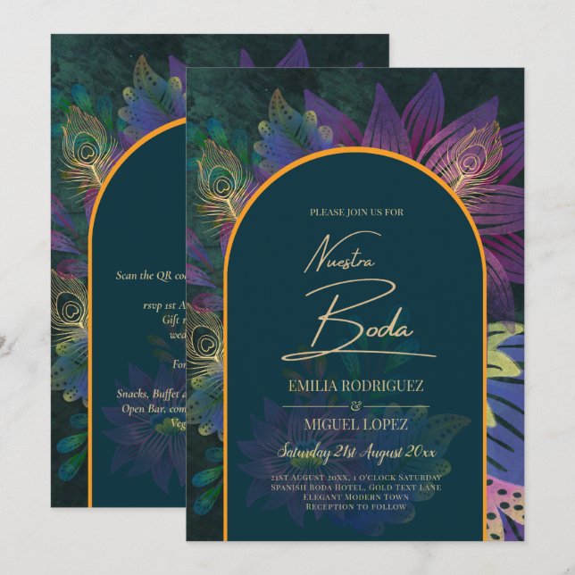 LeahG Green Purple Gold JEWEL TONES Wedding INVITE (Front/Back)