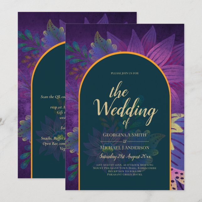LeahG Green Purple Gold JEWEL TONES Wedding INVITE (Front/Back)