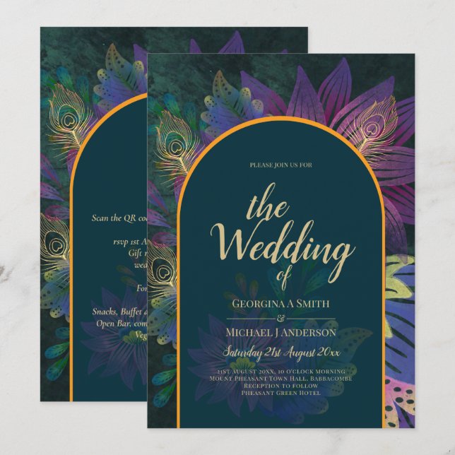 LeahG Green Purple Gold JEWEL TONES Wedding INVITE (Front/Back)
