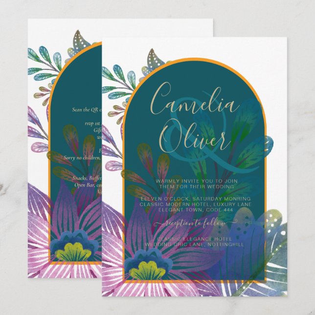 LeahG Green Purple Gold JEWEL TONES Wedding INVITE (Front/Back)