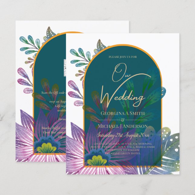 LeahG Green Purple Gold JEWEL TONES Wedding INVITE (Front/Back)