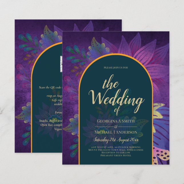 LeahG Green Purple Gold JEWEL TONES Wedding INVITE (Front/Back)