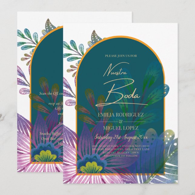 LeahG Green Purple Gold JEWEL TONES Wedding INVITE (Front/Back)