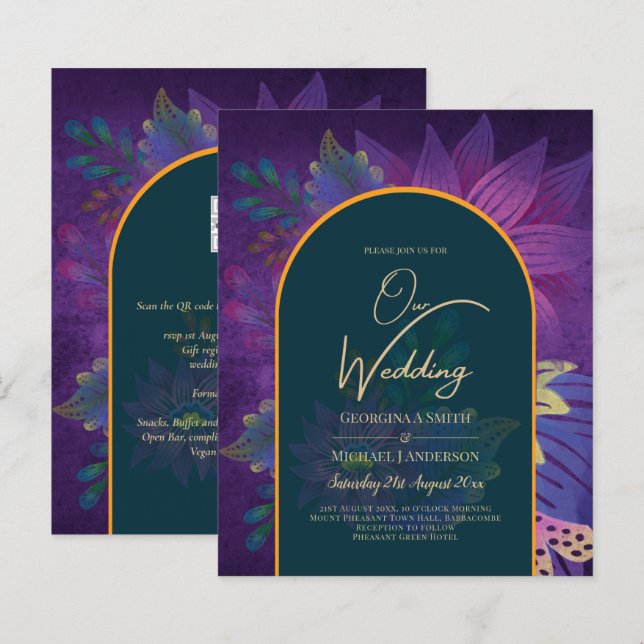 LeahG Green Purple Gold JEWEL TONES Wedding INVITE (Front/Back)