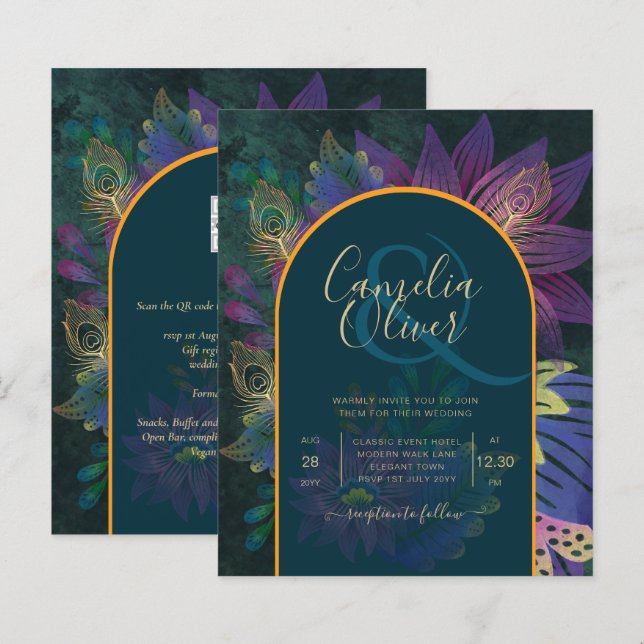 LeahG Green Purple Gold JEWEL TONES Wedding INVITE (Front/Back)