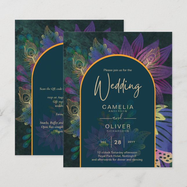 LeahG Green Purple Gold JEWEL TONES Wedding INVITE (Front/Back)