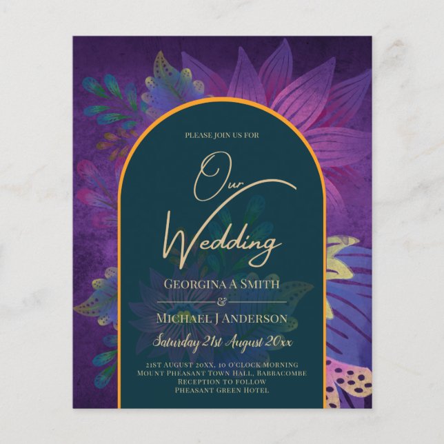 LeahG Green Purple Gold JEWEL TONES Wedding INVITE Flyer (Front)