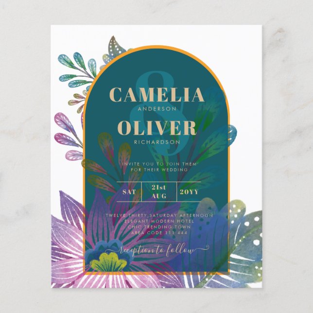 LeahG Green Purple Gold JEWEL TONES Wedding INVITE Flyer (Front)