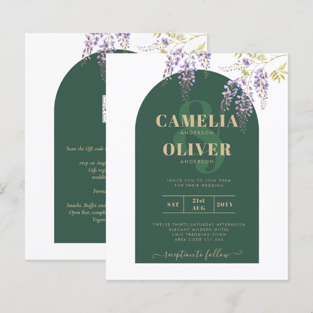 LeahG Green Purple Gold WISTERIA Wedding INVITE (Front/Back)