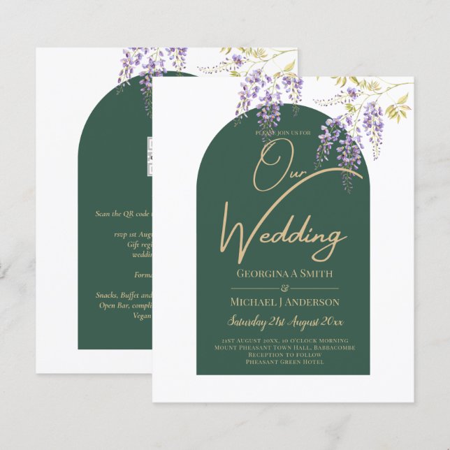 LeahG Green Purple Gold WISTERIA Wedding INVITE (Front/Back)