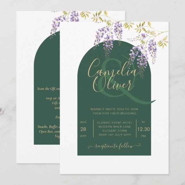 LeahG Green Purple Gold WISTERIA Wedding INVITE (Front/Back)