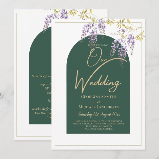 LeahG Green Purple Gold WISTERIA Wedding INVITE (Front/Back)