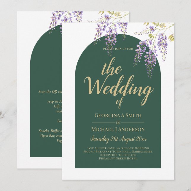 LeahG Green Purple Gold WISTERIA Wedding INVITE (Front/Back)