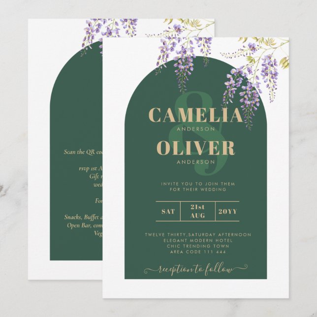 LeahG Green Purple Gold WISTERIA Wedding INVITE (Front/Back)