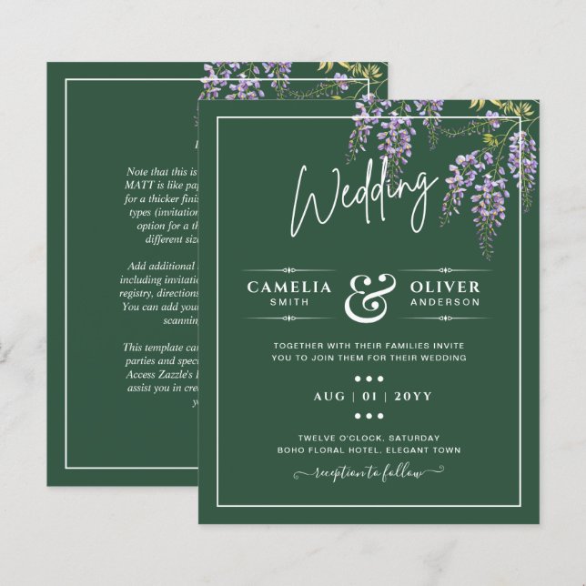 LeahG Green Purple WISTERIA Wedding INVITE (Front/Back)