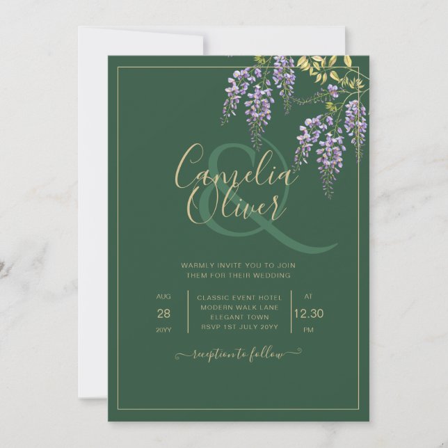 LeahG Green Purple WISTERIA Wedding INVITE (Front)