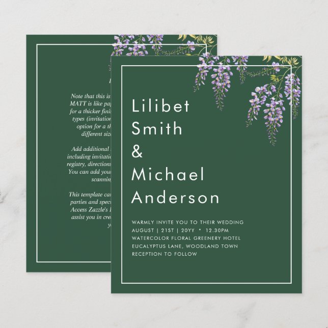 LeahG Green Purple WISTERIA Wedding INVITE (Front/Back)